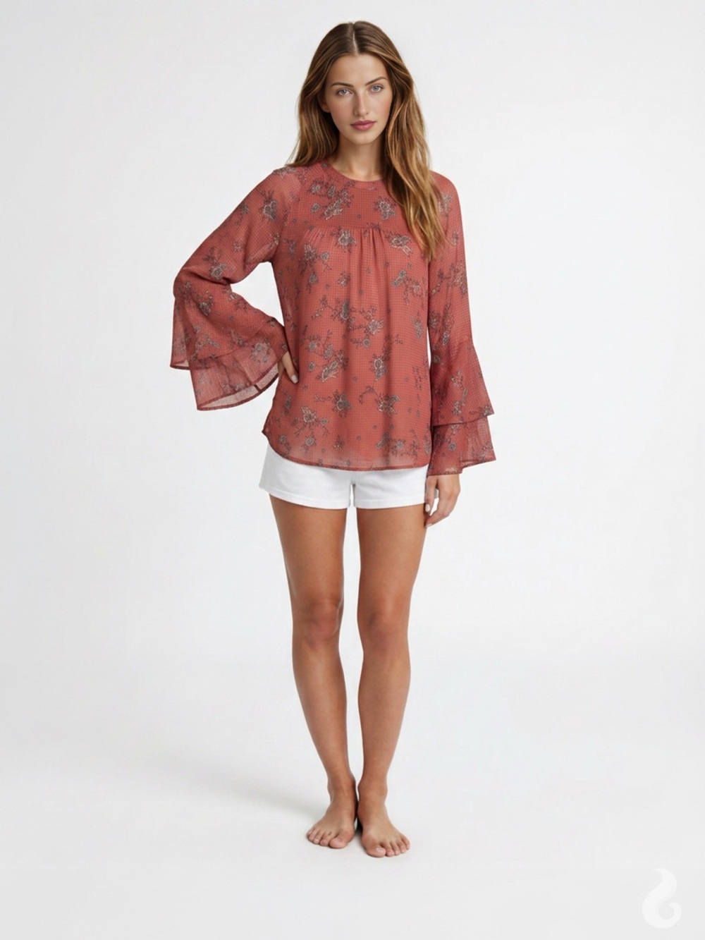 LC Lauren Conrad Coral Red Floral Bell-Sleeve Blouse
